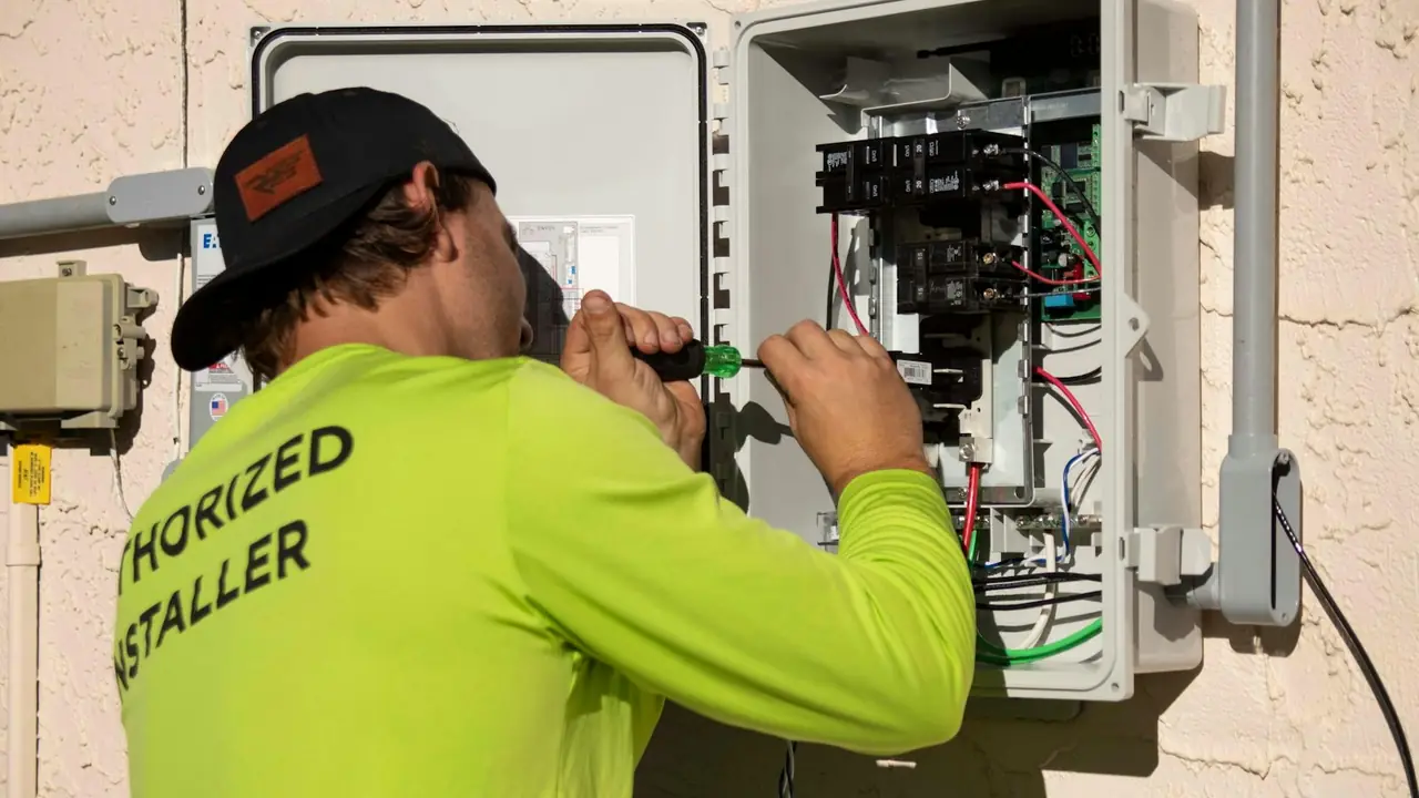 An electrician working on an outdoor electrical panel